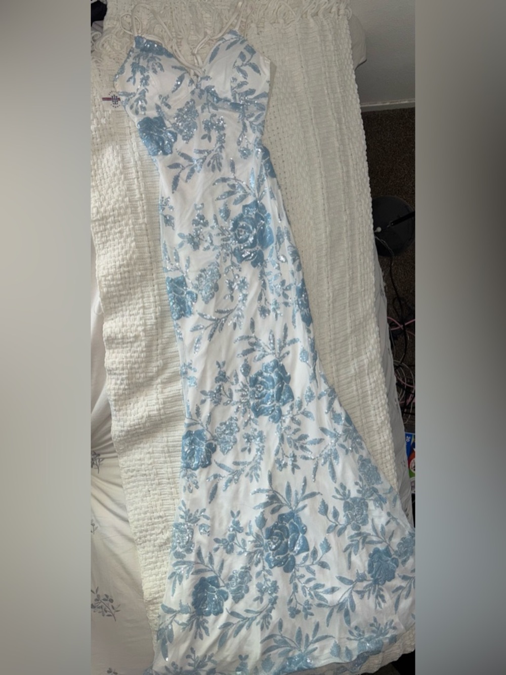 White Evening Gown with Light Blue Floral Sequin Embroidery